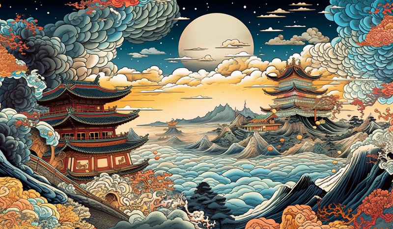 中国风古典国潮祥云建筑山水风景插画,插画/手绘图,插画/手绘图库,插画/手绘图下载,插画/手绘